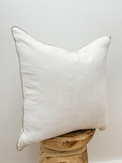 Pure French Linen Cushion Cover with Piped Edge - White with Natural Piping