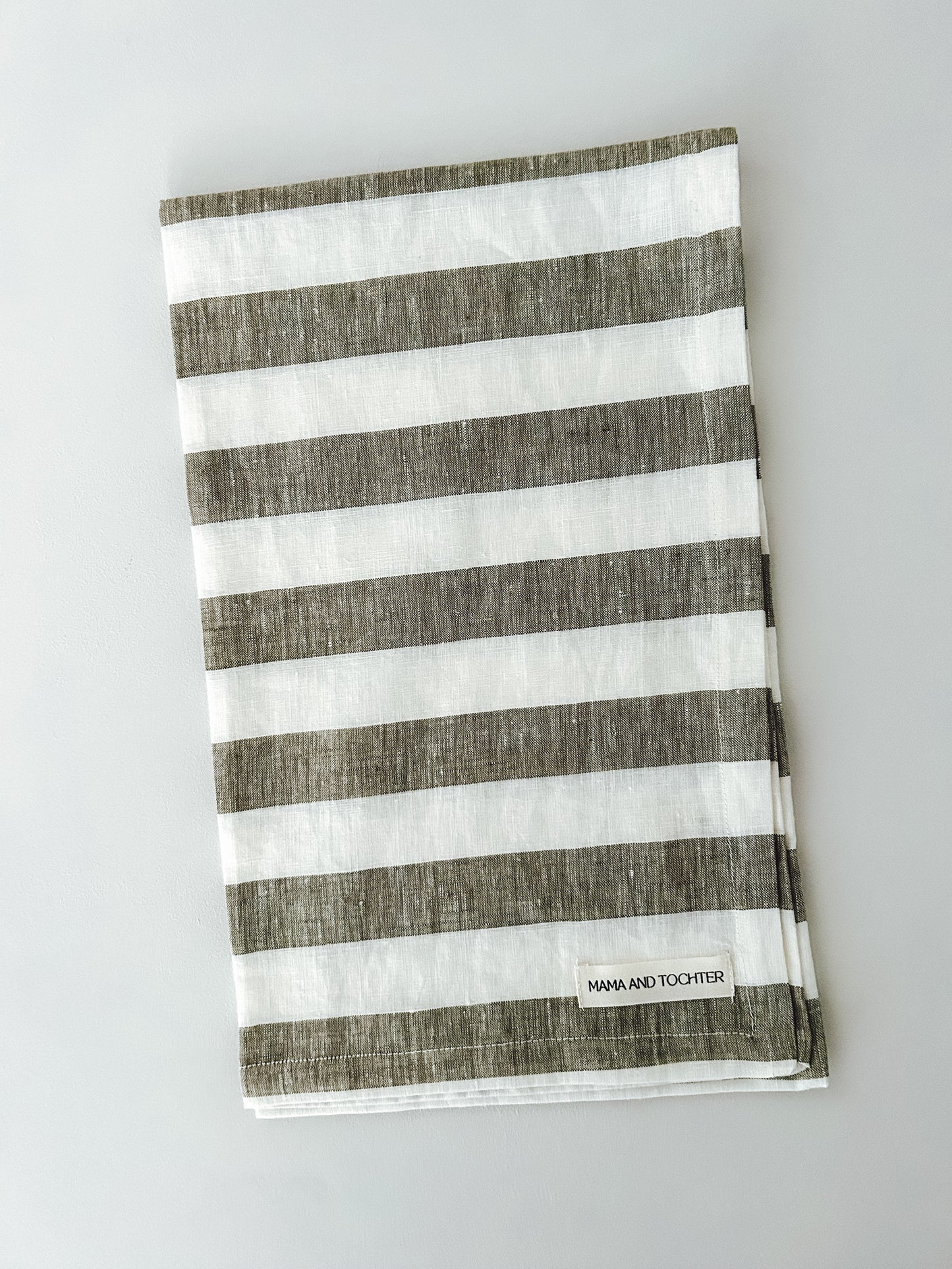 Pure French Linen Tea Towel - Wide Olive Stripe
