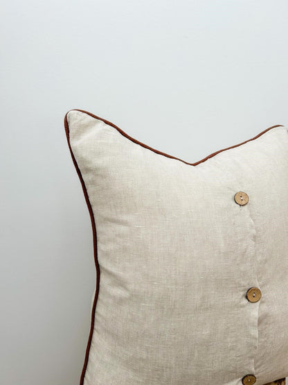 Pure French Linen Cushion Cover with Piped Edge - Natural with Coffee Piping