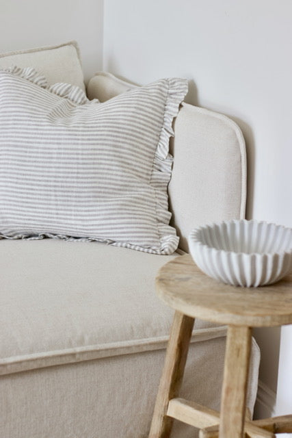 Linen Ruffle Cushion - Grey Stripe