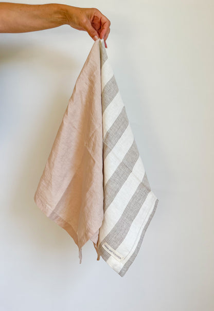 Pure French Linen Tea Towel - Natural Wide Stripe