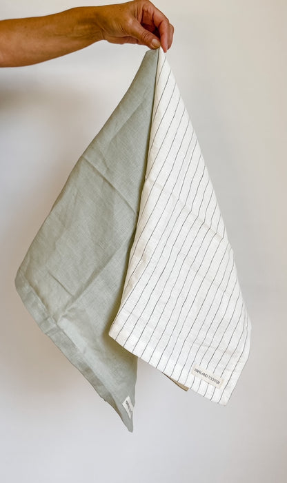 Pure French Linen Tea Towel - Olive Stripe