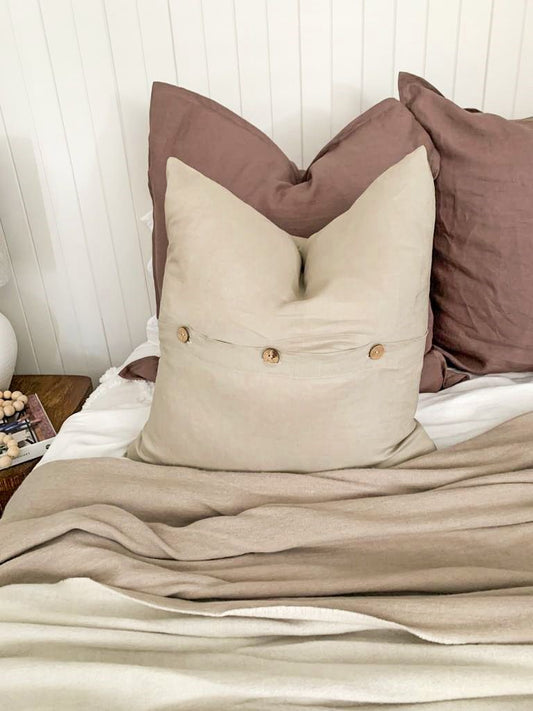 Beige linen cushion, beige linen, linen cushion covers, bedroom styling, style my bed, cushion styling inspo, coconut buttons, wooden buttons, pure linen cushions, neutral linen cushions, living room cushions, feature cushions, cushion inspo