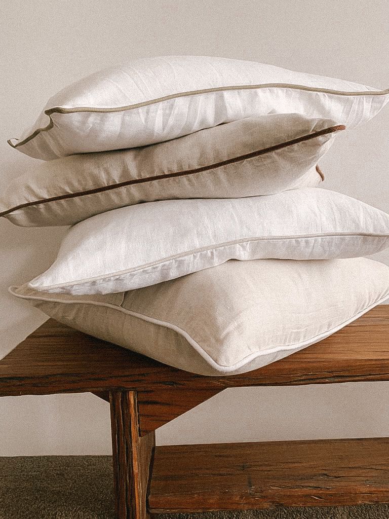 Pure French Linen Cushion Cover with Piped Edge - White with Natural Piping