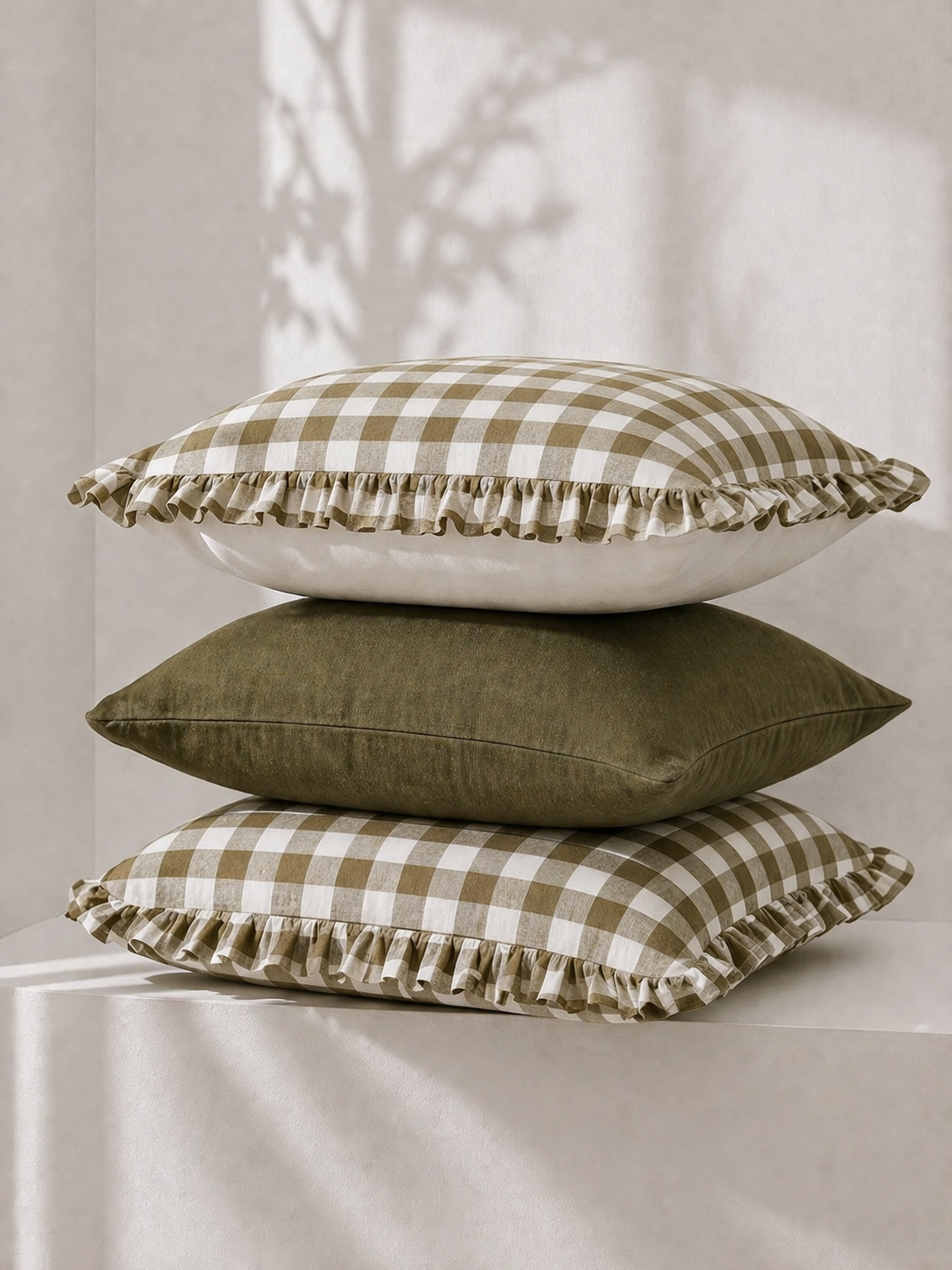 Pure Linen Reversible Ruffle Cushion Cover - Olive Gingham - Warm White
