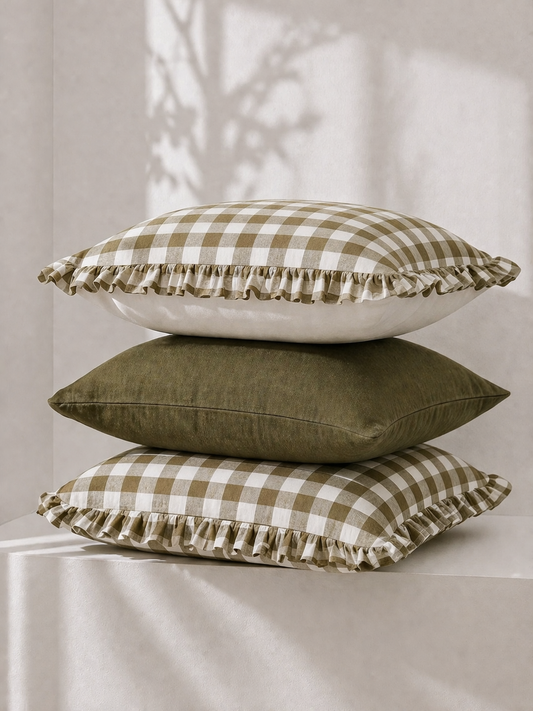 Pure Linen Reversible Ruffle Cushion Cover - Olive Gingham - Warm White