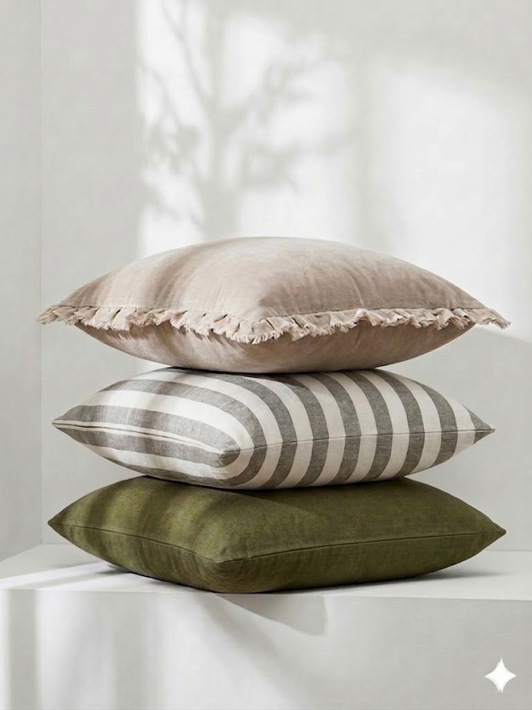 Pure Linen Cushion Cover - Wide Olive Stripe