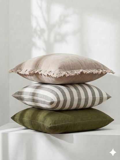 Pure Linen Cushion Cover - Wide Olive Stripe