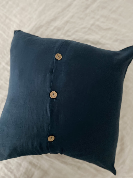 Dark Blue linen, Dark Blue linen cushion cover, coastal cushion cover, Hamptons cushion cover, coastal styling, blue cushion cover, affordable linen, linen cushion with wooden buttons, blue bedroom cushion, bedroom cushions, living room cushion styles, navy blue cushion cover, navy blue linen cushion covers