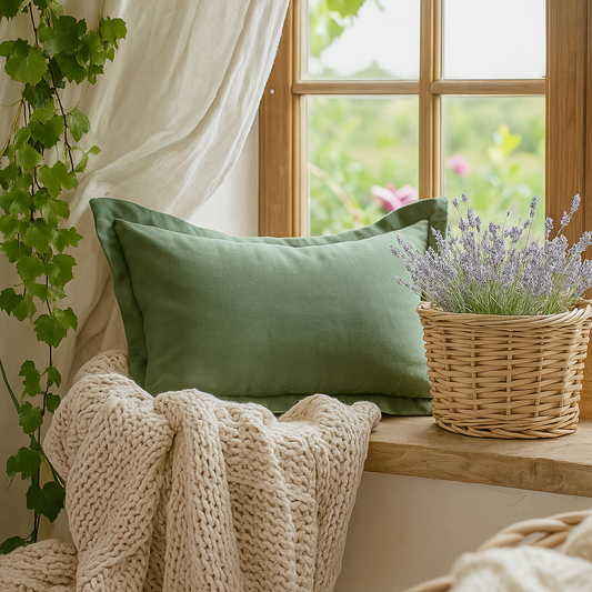 Pure French Linen Lumbar Cushion Cover with Flange Detail - Deep Sage