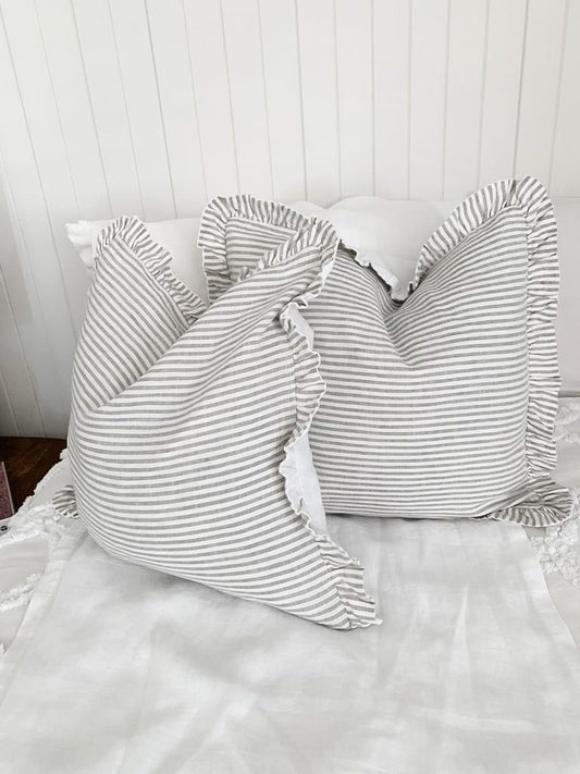 Reversible Linen Ruffle Cushion Cover - Grey Stripe - White