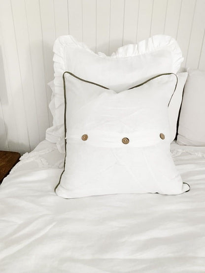 Pure French Linen Cushion Cover with Piped Edge - White with Olive Green Piping