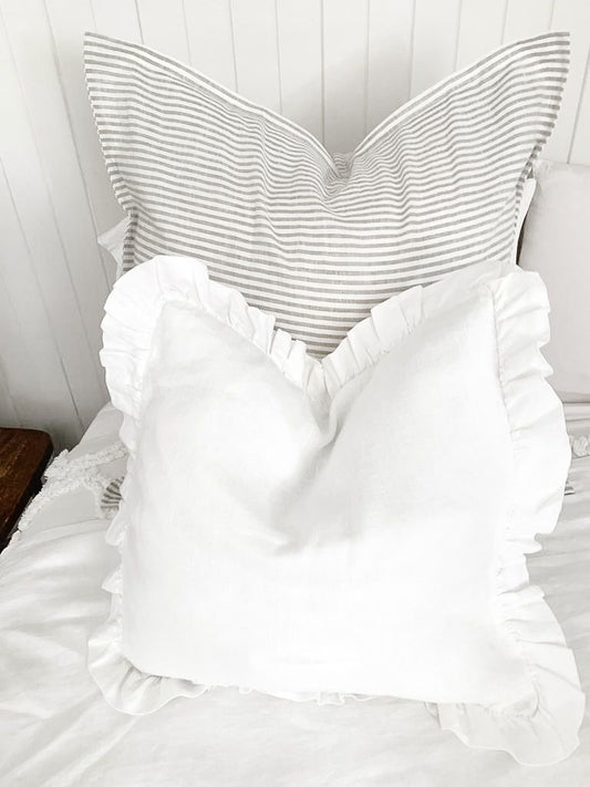 Linen Ruffle Cushion - White