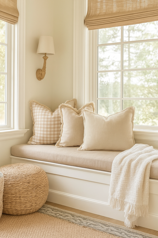 Pure French Linen Frayed Edge Ruffle Cushion Cover - Beige Gingham