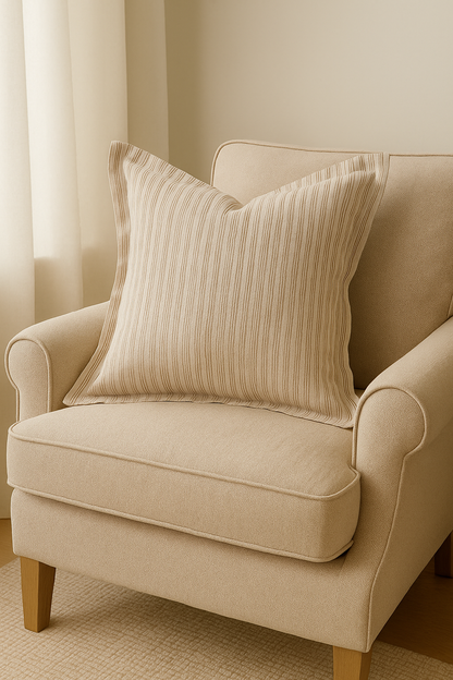 Pure French Linen Cushion Cover with Flange Detail - Biscuit Stripe