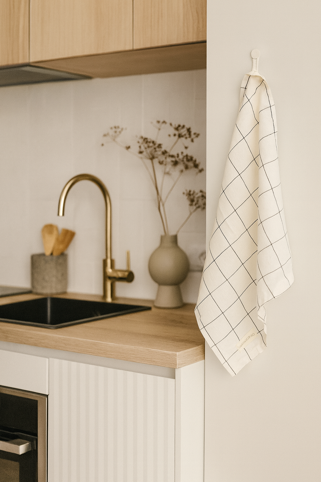 Pure French Linen Tea Towel - Black Grids