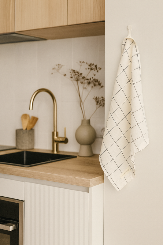 Pure French Linen Tea Towel - Black Grids