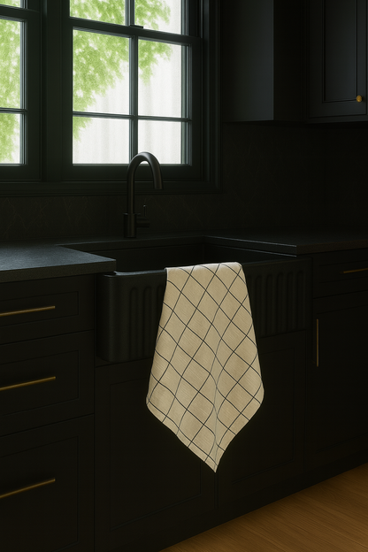 Pure French Linen Tea Towel - Black Grids
