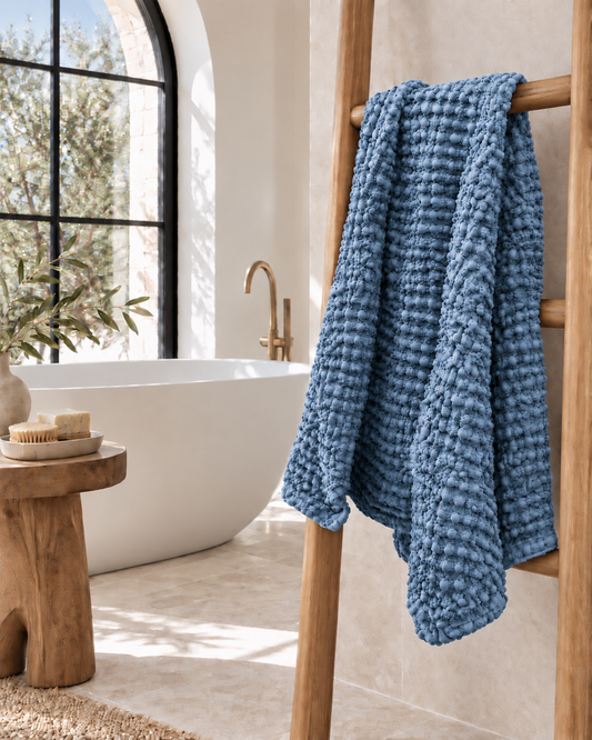 100% Organic Cotton Rustic Waffle Standard Tea Towel - Hand Towel - Blue