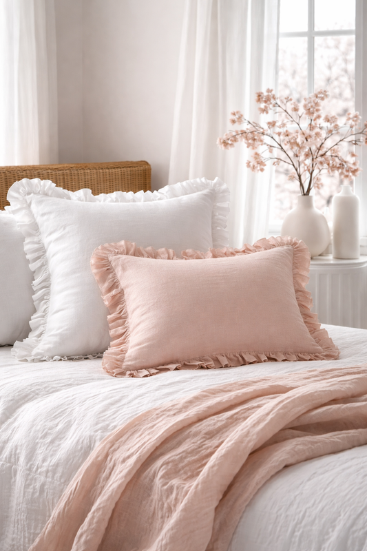 Pure French Linen Ruffle Lumbar Cushion Cover - Blush