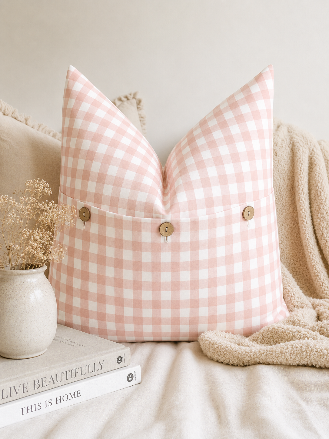 Pure French Linen Cushion Cover - Blush Gingham