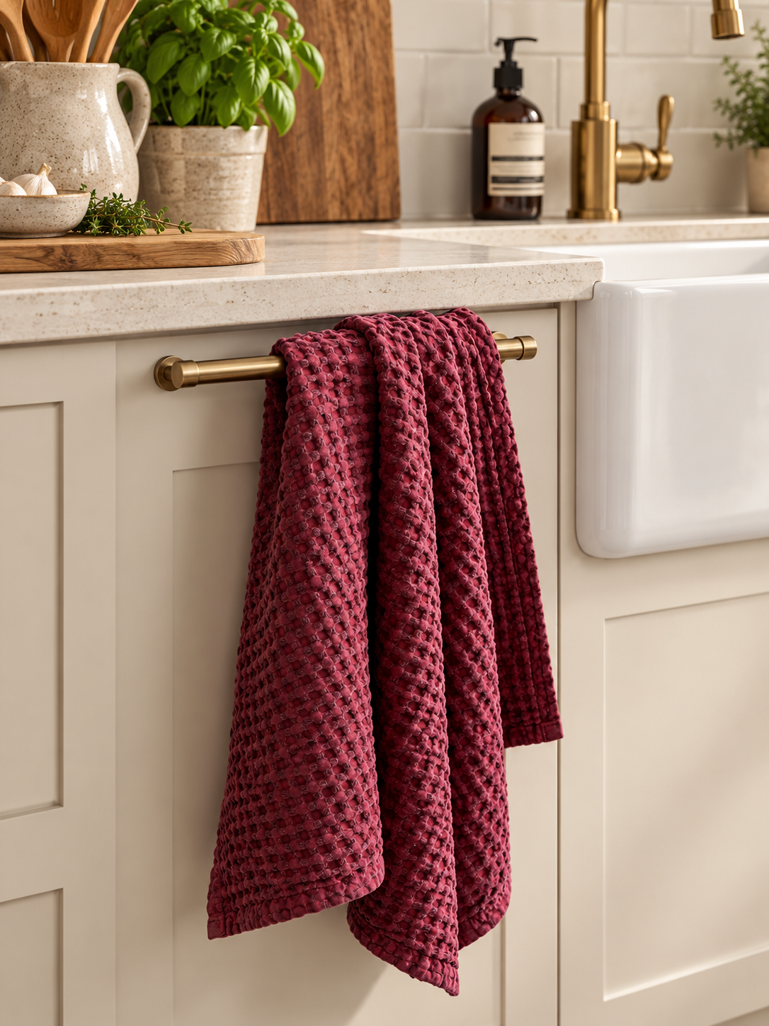100% Organic Cotton Rustic Waffle Tea Towel Extra Large - Burgundy