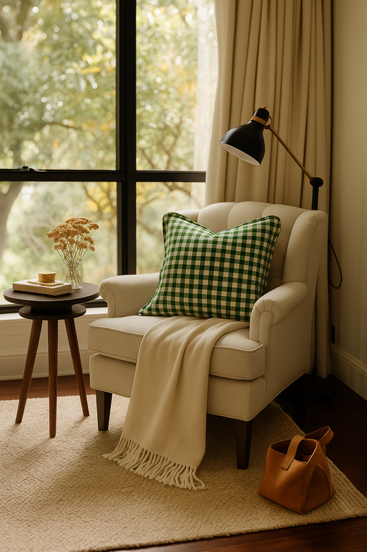 Pure French Linen Cushion Cover with Flange Detail - Celtic Gingham