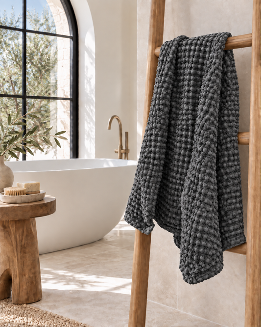 100% Organic Cotton Rustic Waffle Standard Tea Towel - Hand Towel - Charcoal