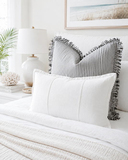 Pure French Linen Frayed Edge Ruffle Cushion Cover - Charcoal Pinstripes