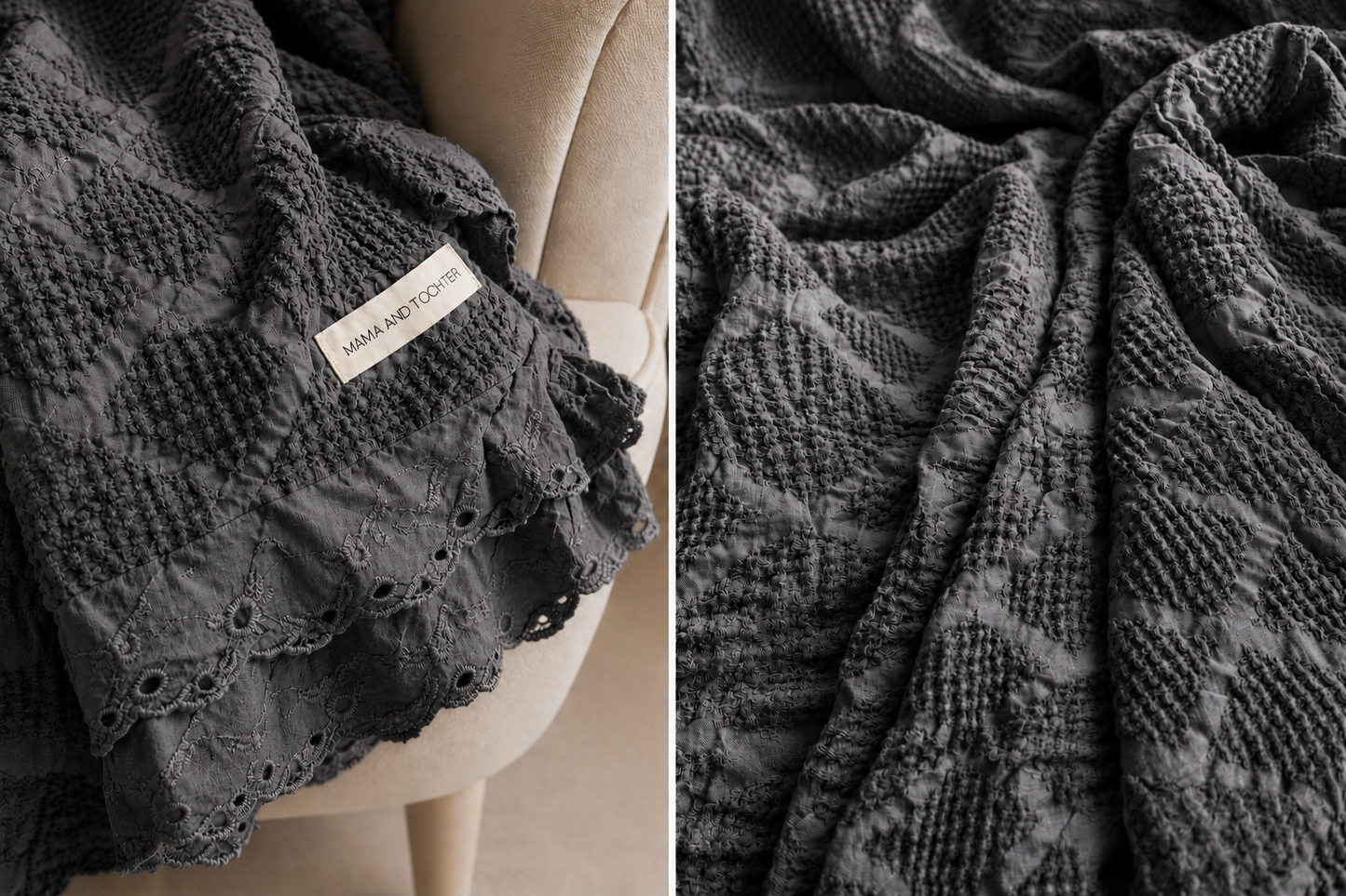 Organic Cotton Waffle Textured Ruffle Throw - Charcoal - 150 x 200