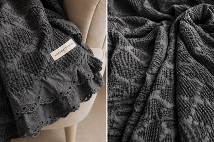 Organic Cotton Waffle Textured Ruffle Throw - Charcoal - 150 x 200