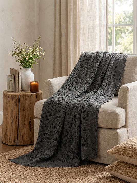 Organic Cotton Waffle Textured Ruffle Throw - Charcoal - 150 x 200