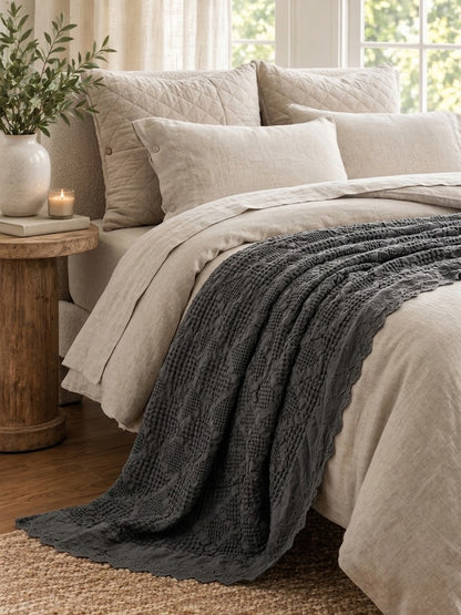 Organic Cotton Waffle Textured Ruffle Throw - Charcoal - 180 x 250 - King Size