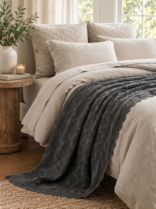 Organic Cotton Waffle Textured Ruffle Throw - Charcoal - 180 x 250 - King Size