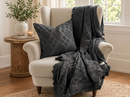 Organic Cotton Waffle Textured Ruffle Throw - Charcoal - 150 x 200