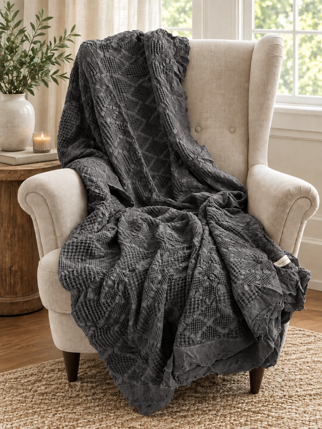 Organic Cotton Waffle Textured Ruffle Throw - Charcoal - 150 x 200