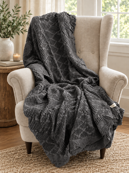 Organic Cotton Waffle Textured Ruffle Throw - Charcoal - 150 x 200