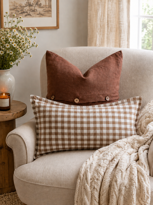 Pure French Linen Lumbar Cushion Cover with Flange Detail - Chocolate Gingham