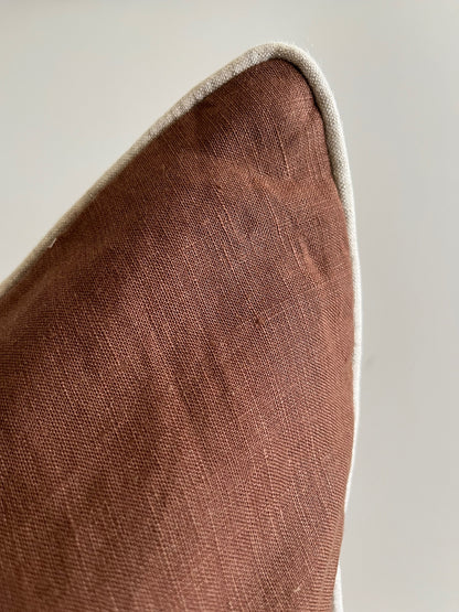 Pure French Linen Cushion Cover with Piped Edge - Coffee with Natural Piping