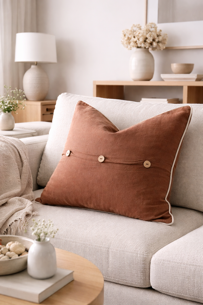 Pure French Linen Cushion Cover with Piped Edge - Coffee with Natural Piping