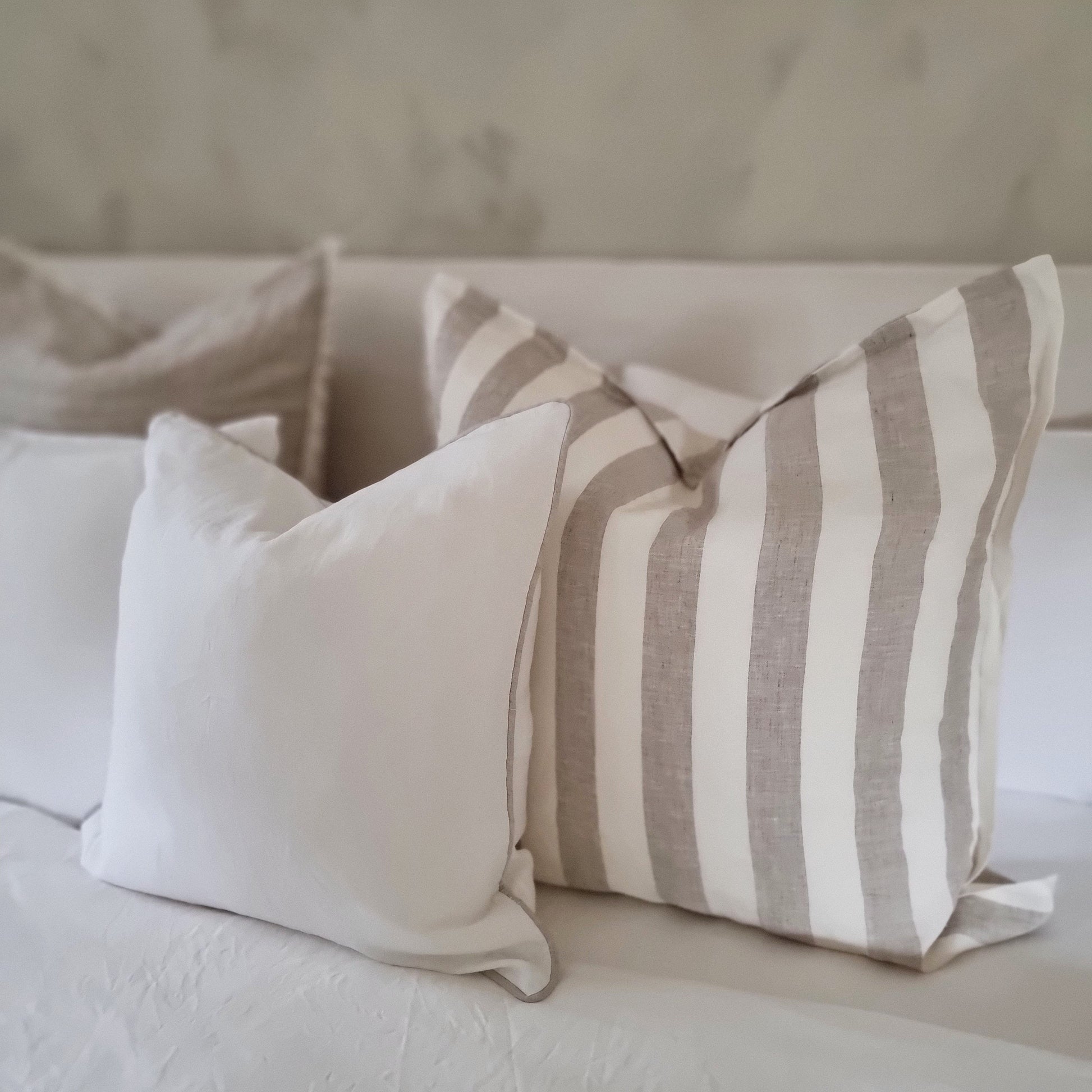 Natural Wide Stripe Linen, Striped linen cushion covers, Striped linen euro cushions, striped feature cushions, natural linen cushion covers, coastal styling, coastal cushions, Hamptons styling, Hamptons cushion covers, bedroom cushions, linen bedroom cushions, linen cushion covers