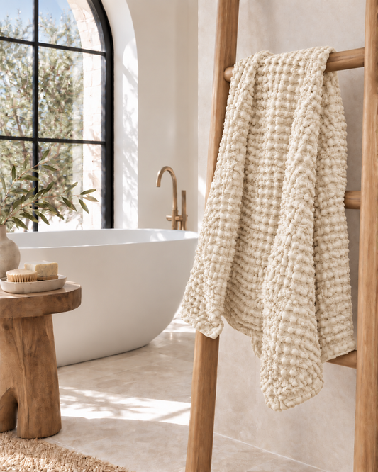100% Organic Cotton Rustic Waffle Standard Tea Towel - Hand Towel - Cream