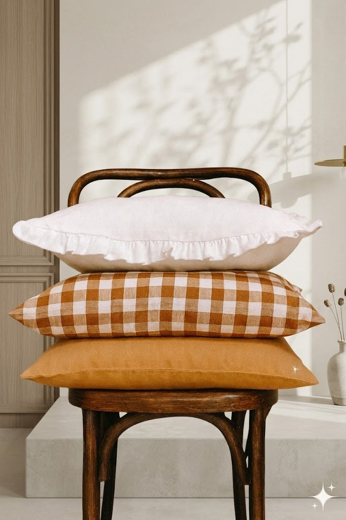 Pure Linen Cushion Cover - Toffee Gingham
