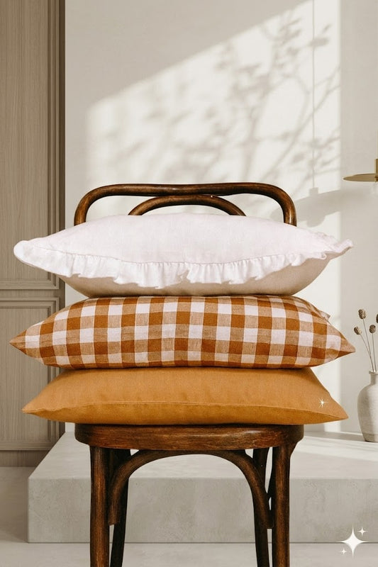 Pure Linen Cushion Cover - Toffee Gingham