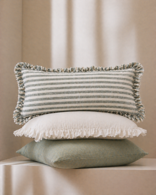 Pure French Linen Ruffle Lumbar - Sage Stripe