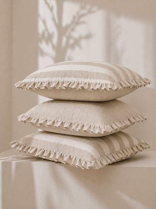 Pure Linen Reversible Ruffle Cushion Cover - Natural Wide Stripe - Natural