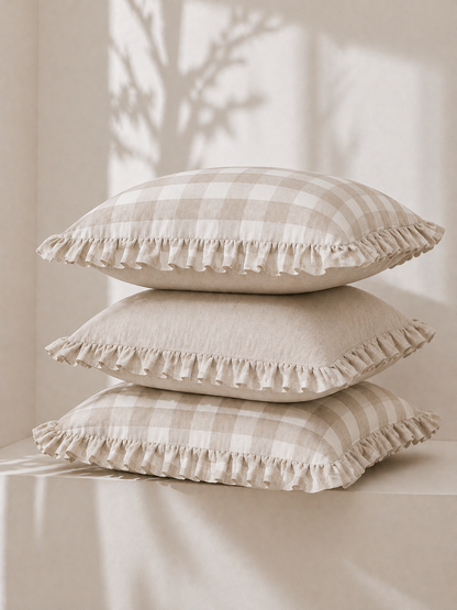 Pure Linen Reversible Ruffle Cushion Cover - Natural Gingham - Natural