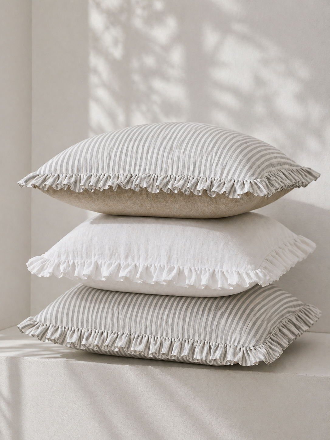Pure Linen Reversible Ruffle Cushion Cover - Grey Stripe - Natural