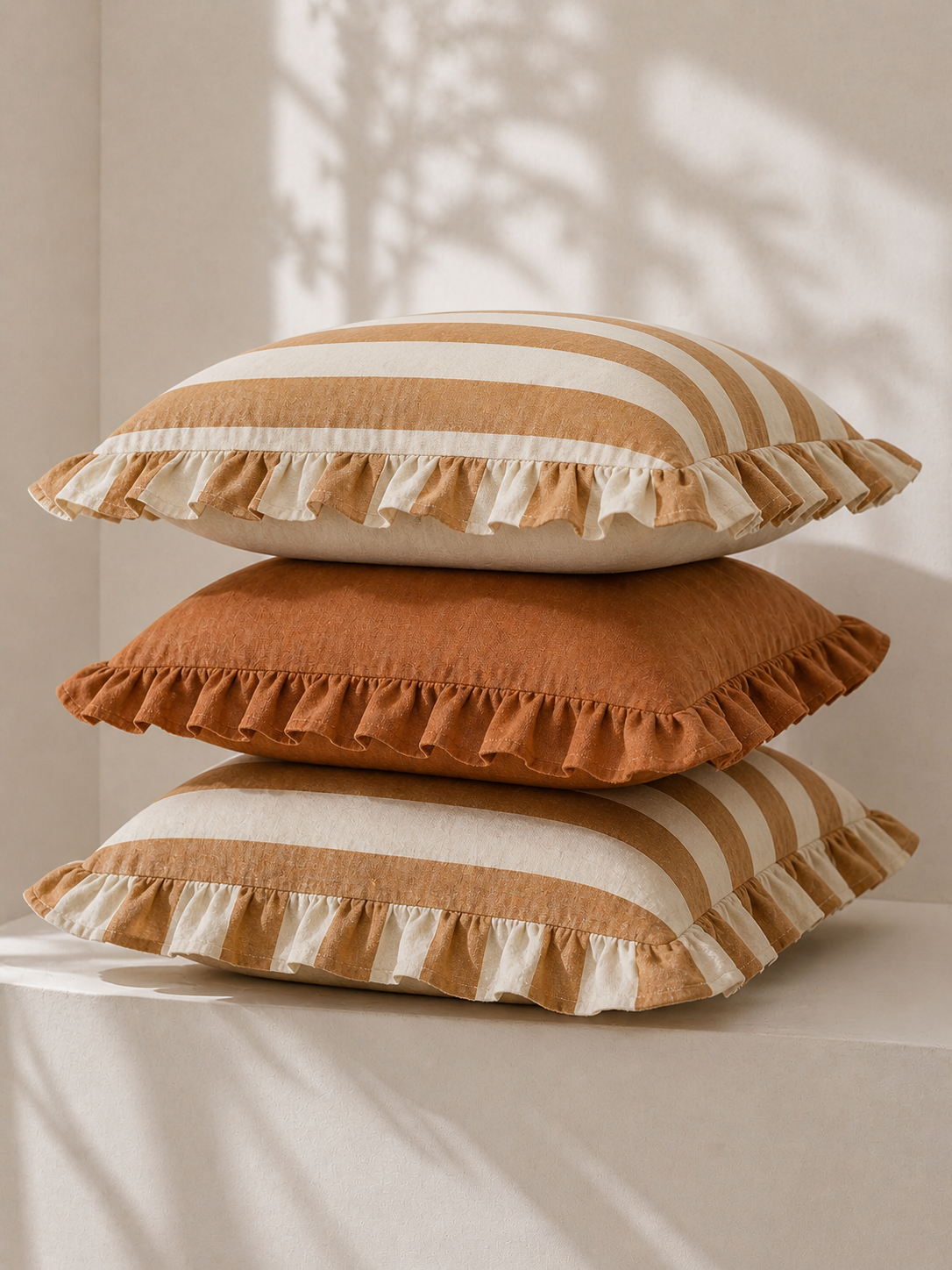 Pure Linen Reversible Ruffle Cushion Cover - Wide Toffee Stripe/ Warm White