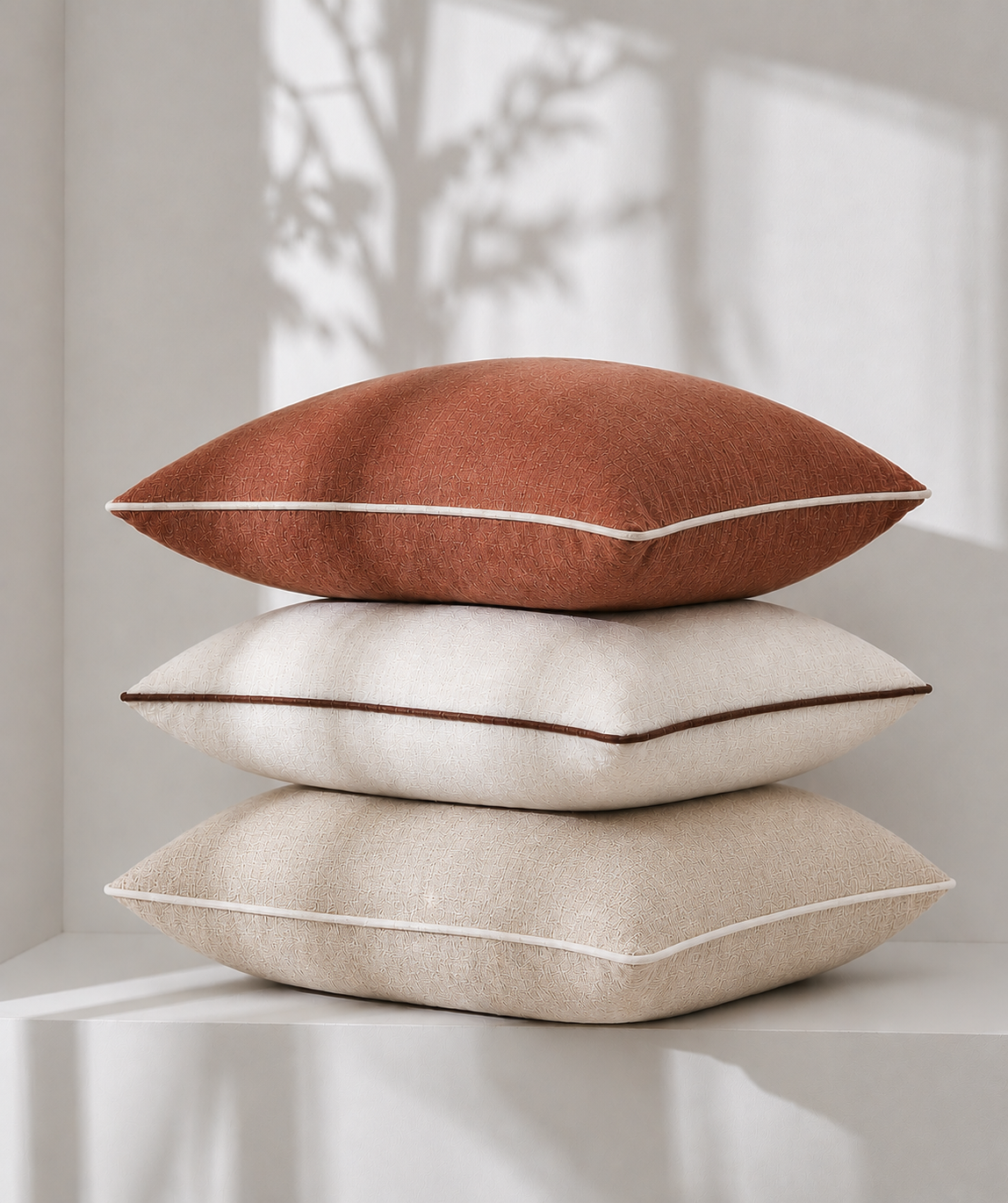 Pure French Linen Cushion Cover with Piped Edge - Natural with Coffee Piping